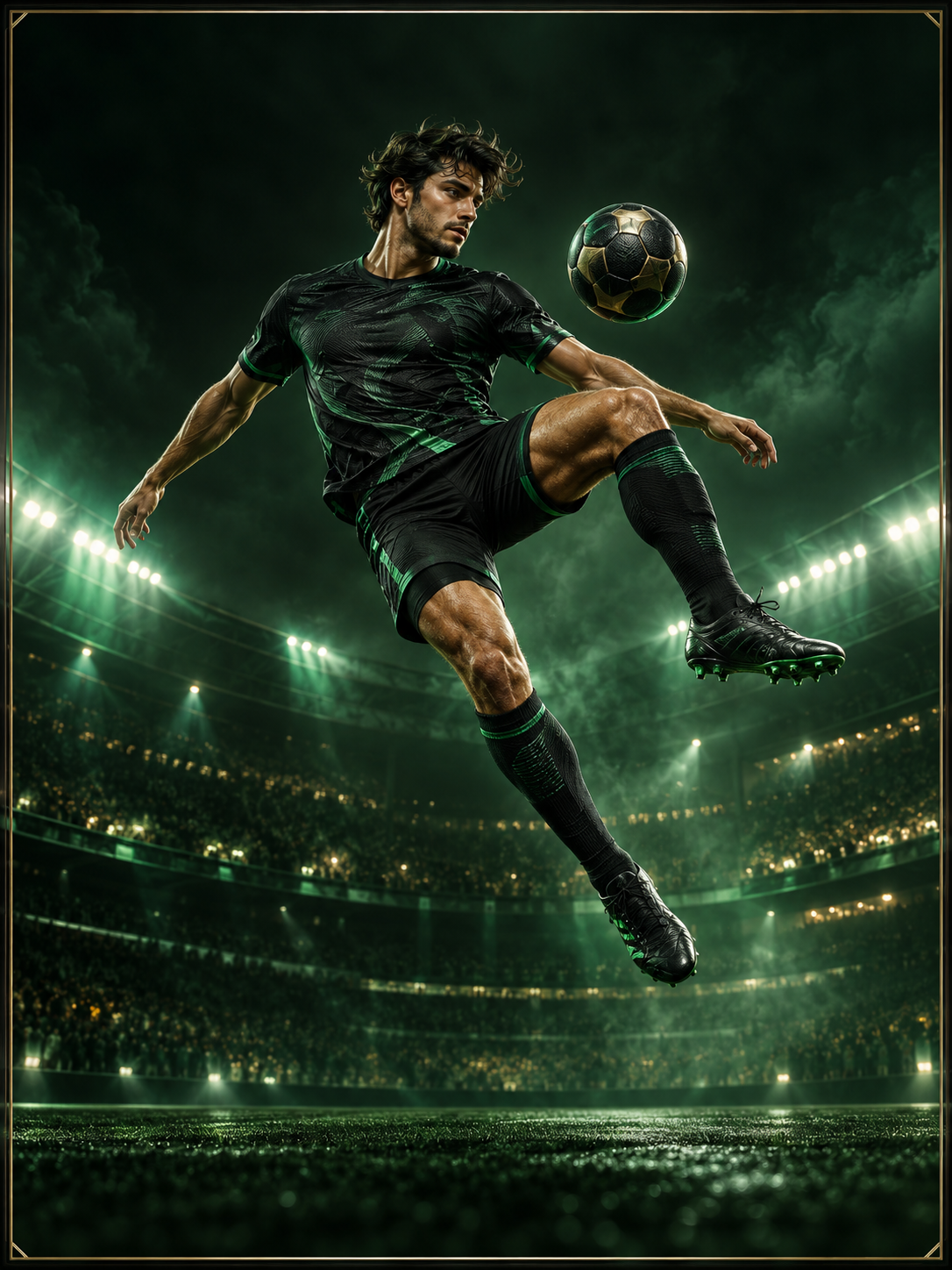 Football artwork in a floodlit stadium